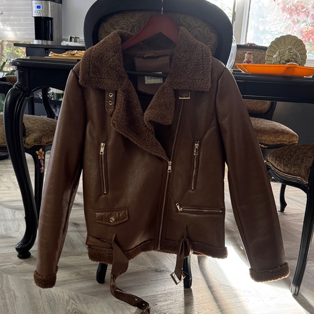 Brown Leather Jacket with Shearling Collar